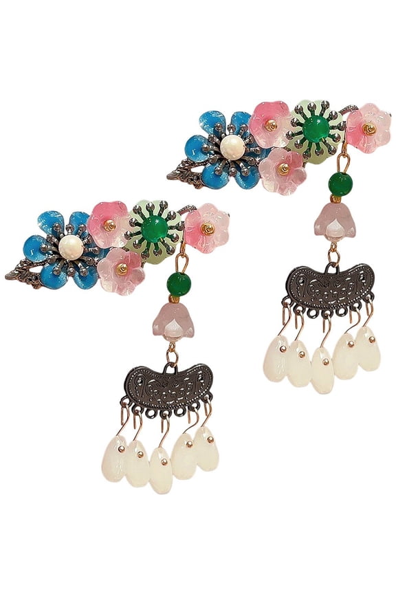 Chinese Style Flower Long Tassel Hair Clips 2Pcs Side Bangs Pins