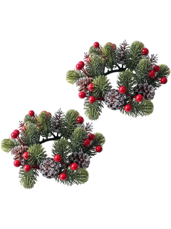 Christmas Wreath Candle Ring 2 Pcs Cedar Cypress Pinecones Red Berries, 8 In, Foam Glue Wire