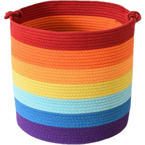 Vjnyvs Cotton Rope Storage Box Rainbow Basket Handwoven Cotton Rope Round Basket Large Blanket Basket Laundry Hamper for Home Nursery Classroom Organization