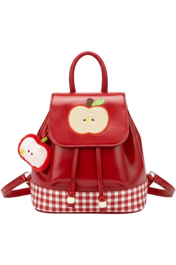 Cute Apple Embroidered Backpack for Women, PU Leather Plaid Bag with Front Applique, Lightweight Laptop Daypack for Causal Gift