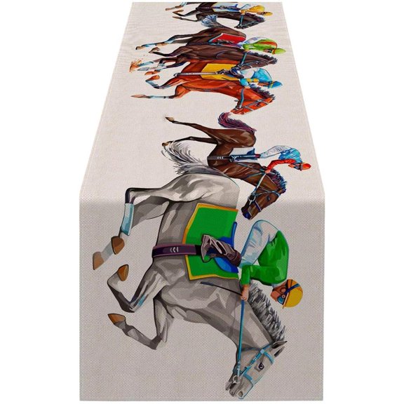 Vjnyvs Derby Table Runner Linen Horse Racing Tablecloth Rustic Horse Roses Racing Game Table Cover for Party Kitchen Dining Decor