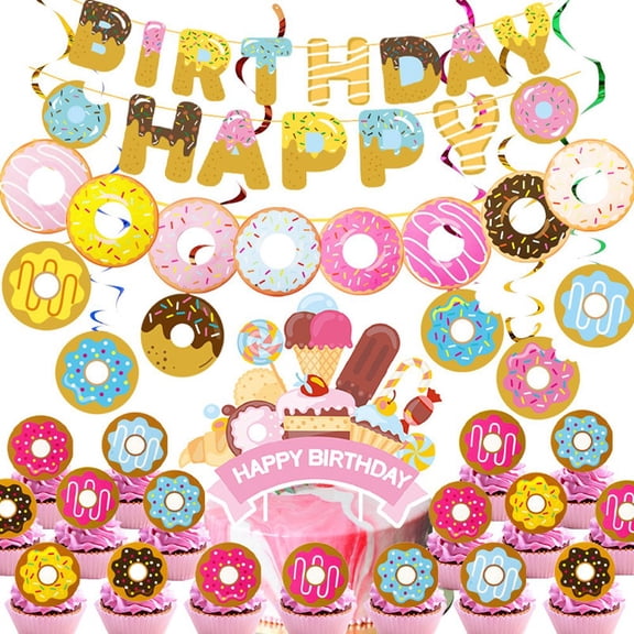 Vjnyvs Donut Theme Party Decoration Set Hanging Swirls Pull Flags Cake Toppers