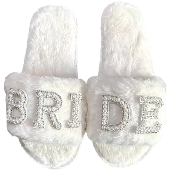 Vjnyvs Fluffy Bride Slippers, Soft Bride To Be Slippers White Pearl Non-slip Wedding Slipper for Wedding Decor Bachelorette Party Supplies
