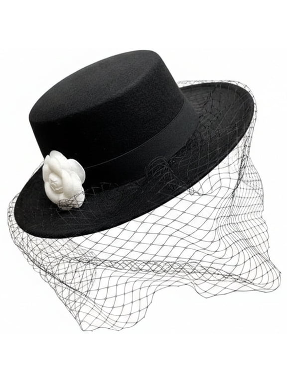 French Style Veil Hat with Camellia Decor Flat Top Hat Tea Party Headwear for Wedding Funeral Cocktail Church Christmas