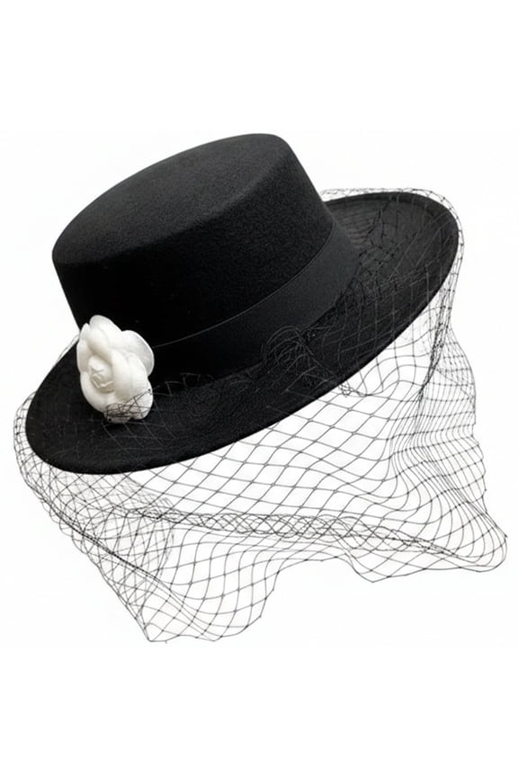 French Style Veil Hat with Camellia Decor Flat Top Hat Tea Party Headwear for Wedding Funeral Cocktail Church Christmas