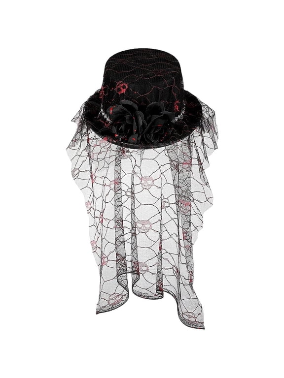Gothic Black Funeral Hat Skull with Veil Bride Bucket Hat for Day of the Dead Lolita Hair Accessory, 10 In