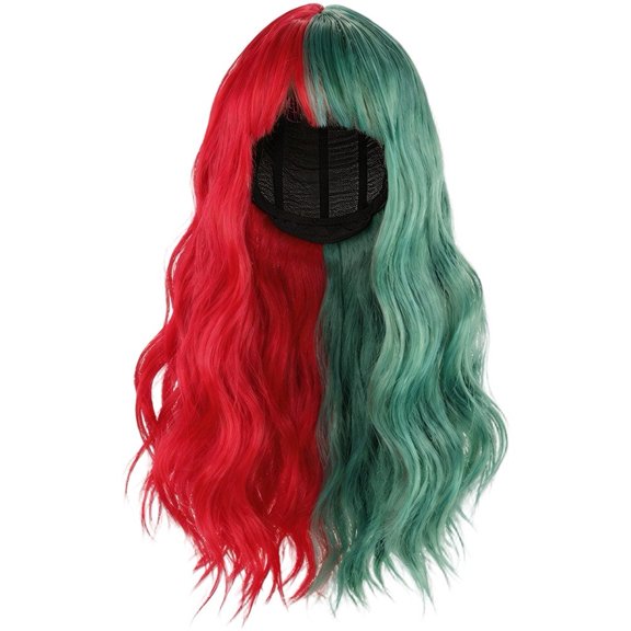 Vjnyvs High-Temp Fiber Red Green Half Half Long Wavy Wig with Blunt Bangs for Women Themed Party Wear 1-Piece