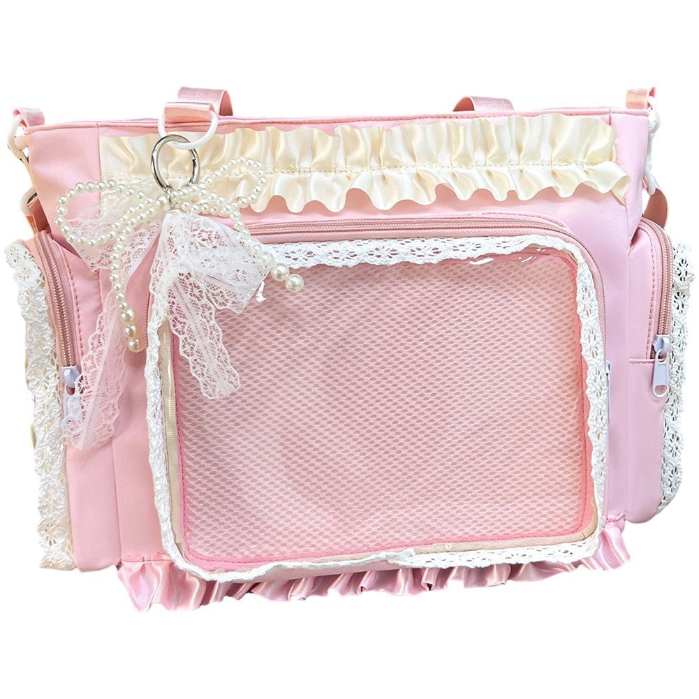 Vjnyvs Lace Decor Clear Display Crossbody Bag Nylon Tote Shoulder Bag with Bow Keychain
