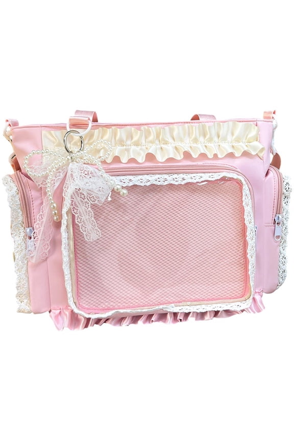 Lace Decor Clear Display Crossbody Bag Nylon Tote Shoulder Bag with Bow Keychain