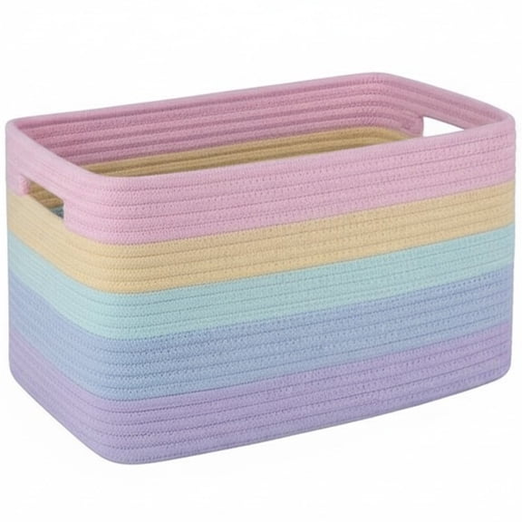 Vjnyvs Large Rainbow Cotton Rope Woven Storage Basket with Handles for Clothes Blanket