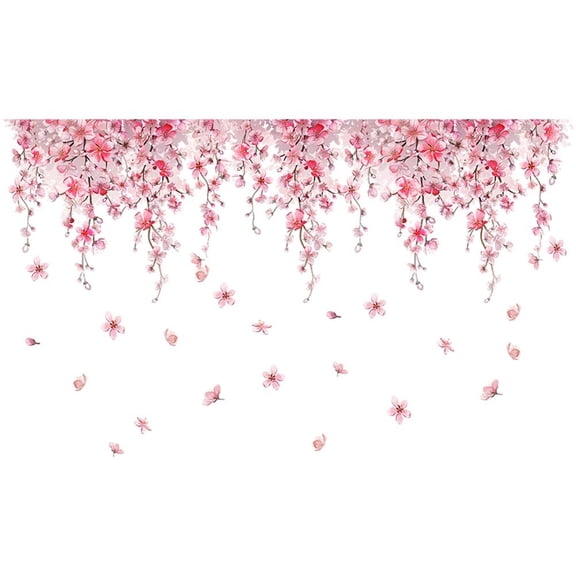 Vjnyvs Pink Cherry Blossom Wall Stickers Peel and Stick Pink Floral Wall Art Decals for Living Room Bedroom Nursery Flower Decor