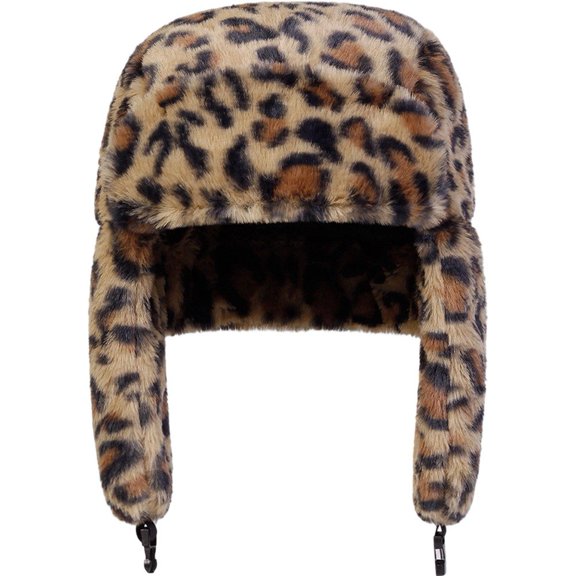 Vjnyvs Plush Trapper Hat with Ear Flaps, Leopard Print Winter Hat for Outdoor Activities, Brown, 56-58 cm, 1 Pack