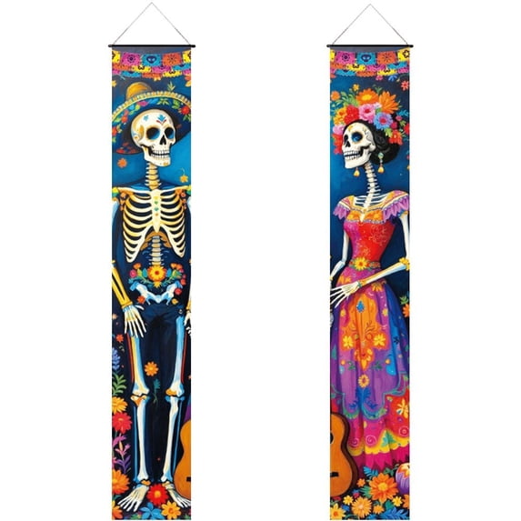 Vjnyvs Polyester Day of the Dead Sugar Skull Couple Door Banner Dia De Los Muertos Mexican Fiesta Decor 1-Pair