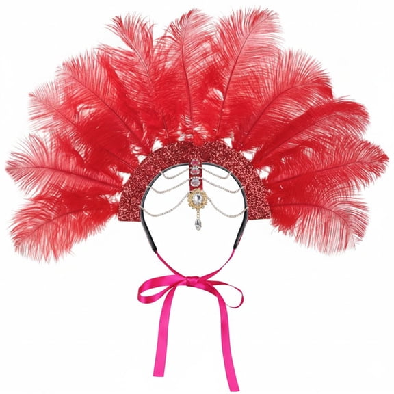 Vjnyvs Red Feather Carnival Headpiece Samba Flapper Fascinator for Mardi Gras Rave Themed Events