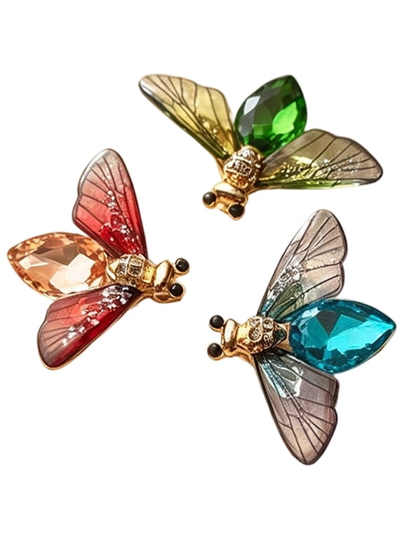 Rhinestone Bee Brooch Colorful Wing Insect Pin 3 Pcs, 1.8 In