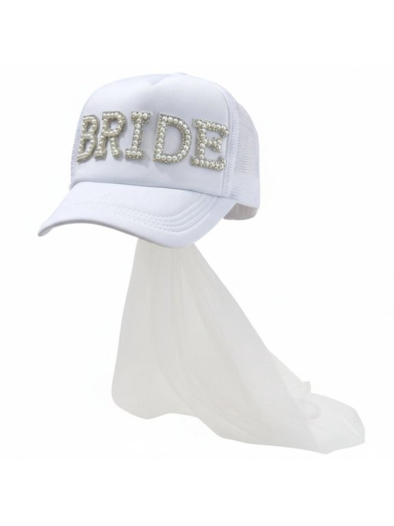 Rhinestones Embellished Bride Baseball Hat With White Tulle Veil Wedding Headpiece For Bridal Party Bride And Bridesmaid Caps