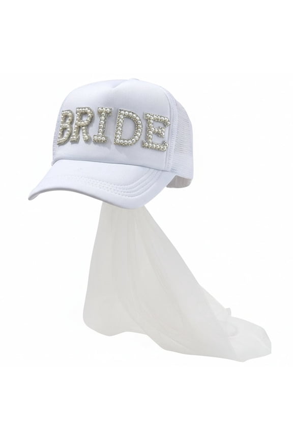 Rhinestones Embellished Bride Baseball Hat With White Tulle Veil Wedding Headpiece For Bridal Party Bride And Bridesmaid Caps
