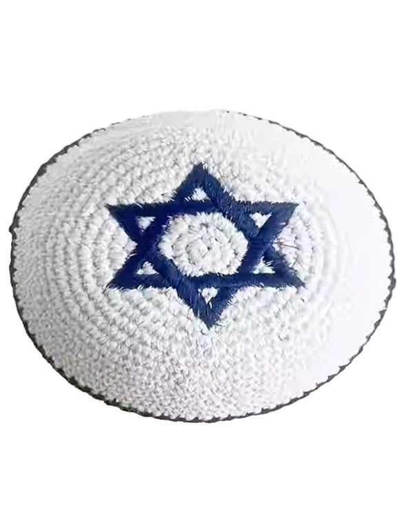 Round Knitted Kippah Hat, Star of David Embroidery Jewish Skullcap for Prayer, White, 16-17 cm, 1 Pack