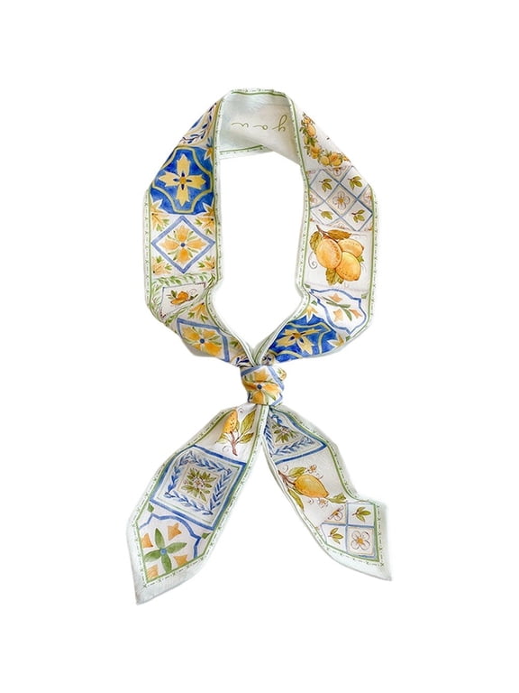 Satin Lemon Print Skinny Scarf, Narrow Beveled Head Hair Wrap Ribbon for Handbag Neck Tie