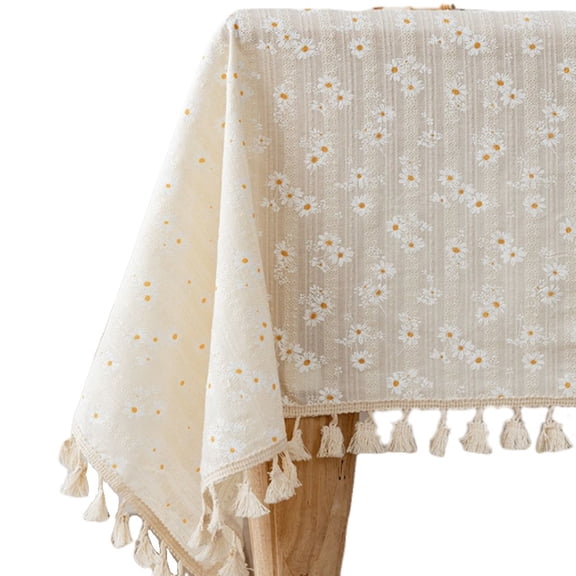 Vjnyvs Small Daisy Cotton Floral Tablecloth,Rectangle Tassels Tea Table Decoration Table Cover for Kitchen Dining Room
