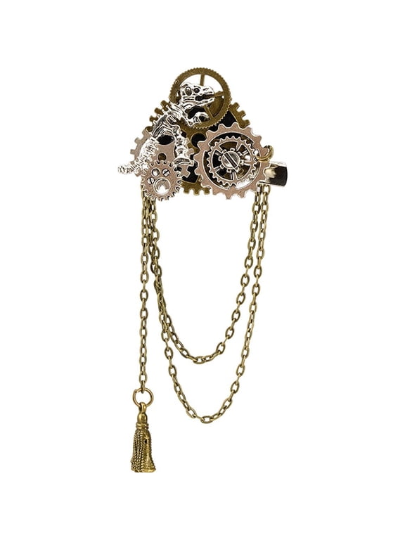 Steampunk Mechanical Gear Badge With Chains Gothic Collectable Badge Halloween Lapel Pin for Uniform or Scarf Decor