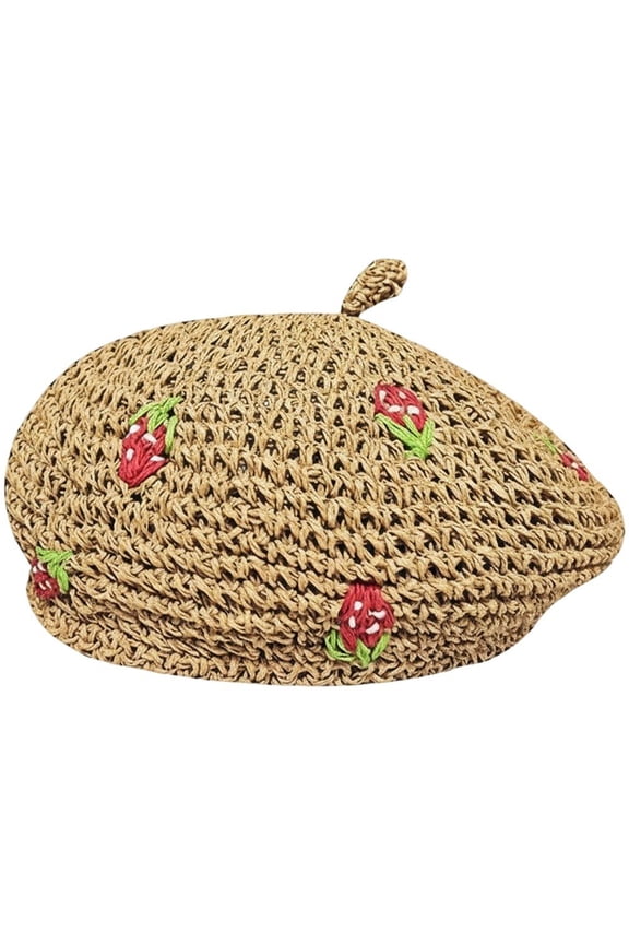 Straw Crochet Beret Hat Strawberry Embroidery Beret Bennie Vintage Breathable Painter Hat for Summer Beach Outdoor