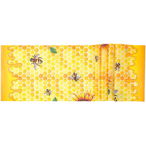 Vjnyvs Summer Bee Table Runner Honey Bee Sunflower Hive Hexagon Print Linen Style Fabric Dining Table Decor Washable Holiday Party Decoration for Kitchen Home