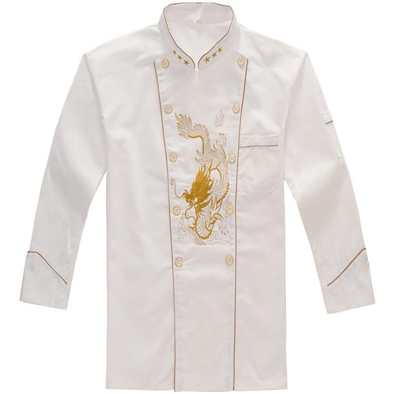Vjnyvs Unisex Dragon Embroidery Chef Coat Long Sleeve, Breathable Restaurant Kitchen Work Uniform