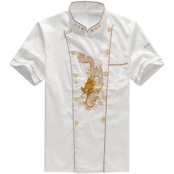 Vjnyvs Unisex Dragon Embroidery Chef Coat Short Sleeve, Breathable Restaurant Kitchen Work Uniform