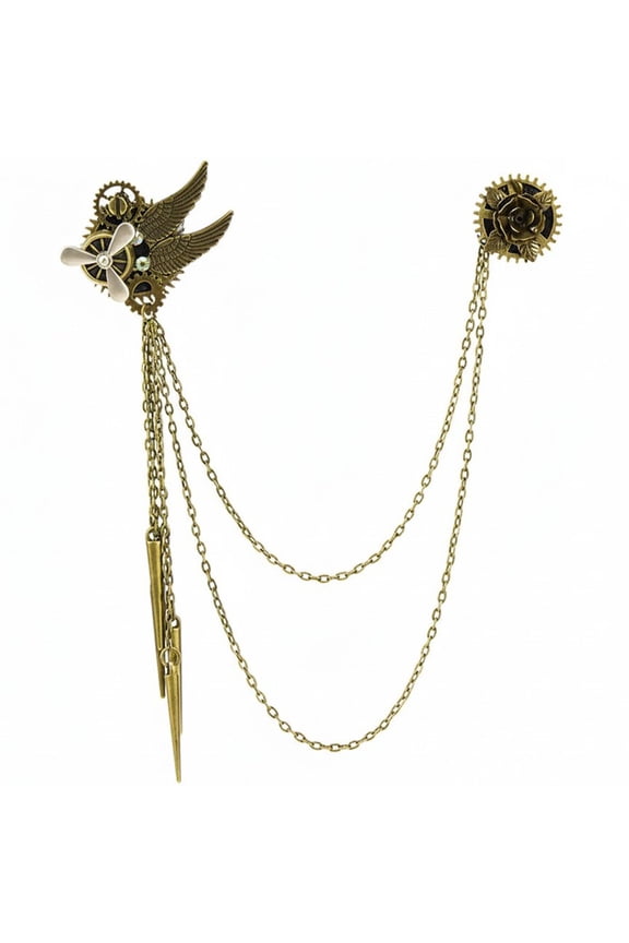 Vintage Steampunk Badge Rivet Tassel Chain Airplane Brooch Suit Lapel Pin Punk Badge Accessory for Shawls Wraps