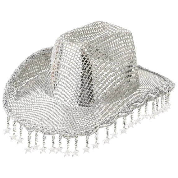 Vjnyvs Western Cowboy Hat, Sequined Star Tassel Cowboy Hat, Wide Brim Western Bling Headgear Stylish Party Accessory for Women Theme Party Cap