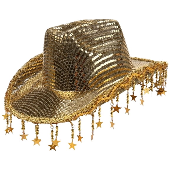 Vjnyvs Western Cowboy Hat, Sequined Star Tassel Cowboy Hat, Wide Brim Western Bling Headgear Stylish Party Accessory for Women Theme Party Cap