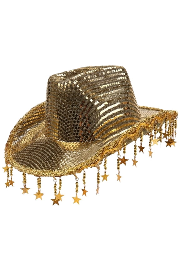 Western Cowboy Hat, Sequined Star Tassel Cowboy Hat, Wide Brim Western Bling Headgear Stylish Party Accessory for Women Theme Party Cap