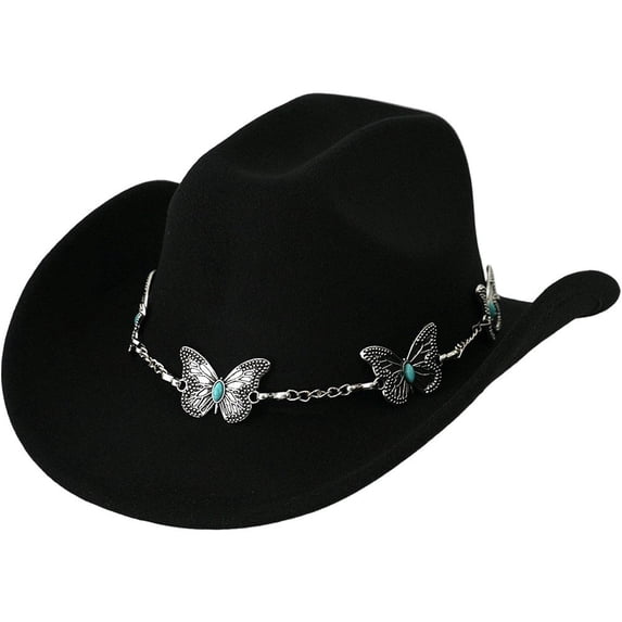 Vjnyvs Western Cowboy Hat for Men Women Wide Brim Felt Fedora Cowboy Hats with Rhinestone Cowboy Party Decorations