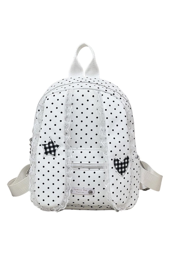 White Polka Dot Bunny Ears Backpack Nylon Large Capacity Bookbag