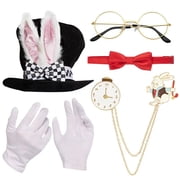 Vjnyvs White Rabbit Set Hat Rabbits Ears Topper Plush Hat Rabbit Clock,Glasses,Bowite and Gloves for Adults