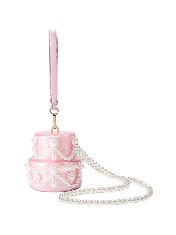 Women Beaded Pearl Purse,Mini Acrylic Cake Shape Evening Clutch Bag, Small Lady Party Prom Wedding Handmade Handle Handbag