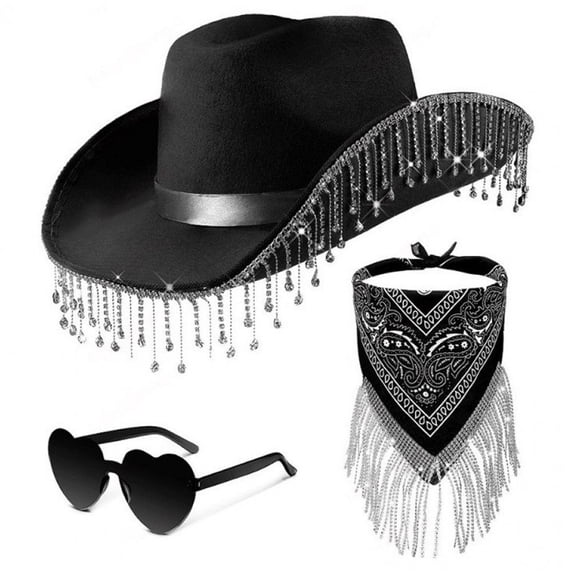 Vjnyvs Women's Cowboy Hat Set with Bandana and Heart-Shaped Sunglasses, Cowboy Hat Rhinestone Fringe Wide Brim Disco Cowboy Hat Black