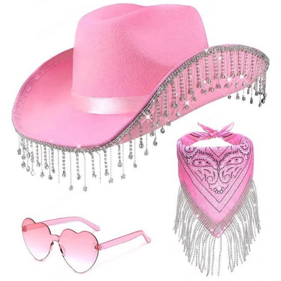 Vjnyvs Women's Cowboy Hat Set with Bandana and Heart-Shaped Sunglasses, Cowboy Hat Rhinestone Fringe Wide Brim Disco Cowboy Hat Pink