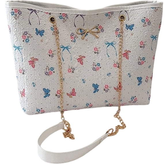 Vjnyvs Women's Floral Chain Tote Bag, Large Shoulder Handbag with Bow Detail for Daily Use