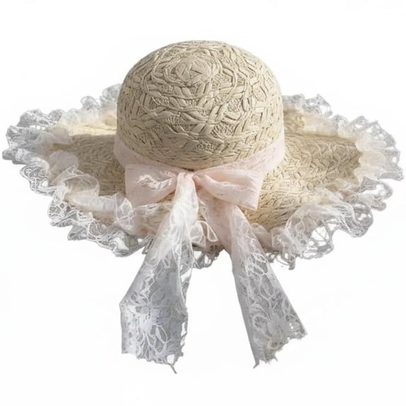 Vjnyvs Women's Lace Bow Sweet Straw Sun Hat Wide Brim Beach Hat with Lace Trim Summer Vacation Travel UV Protection Floppy Cap
