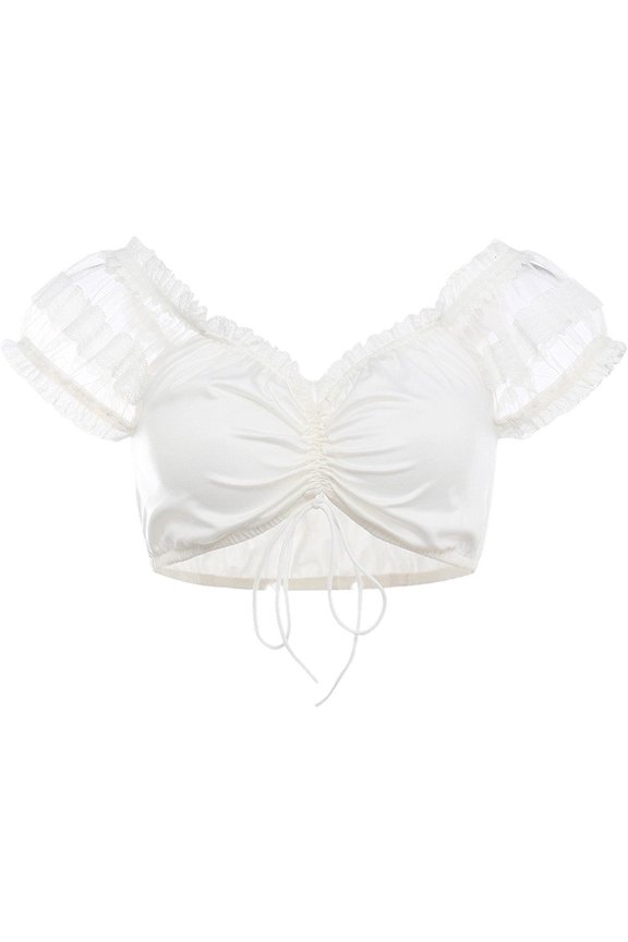 Women's Off Shoulder Ruffle Lace Crop Top, Drawstring Ruched Dirndl Blouse for Summer Parties