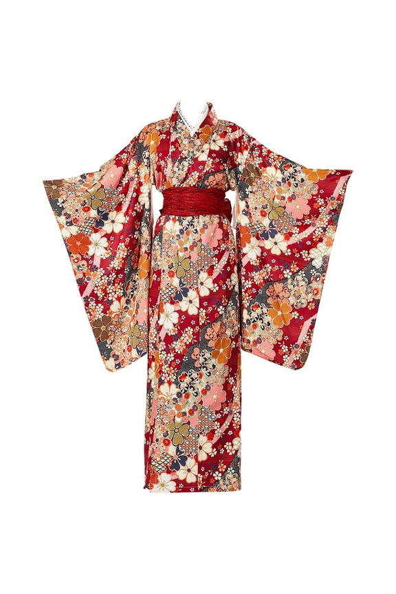 Women's Red Sakura Japanese Kimono Robe with Obi Belt Traditional Yukata Bathrobe