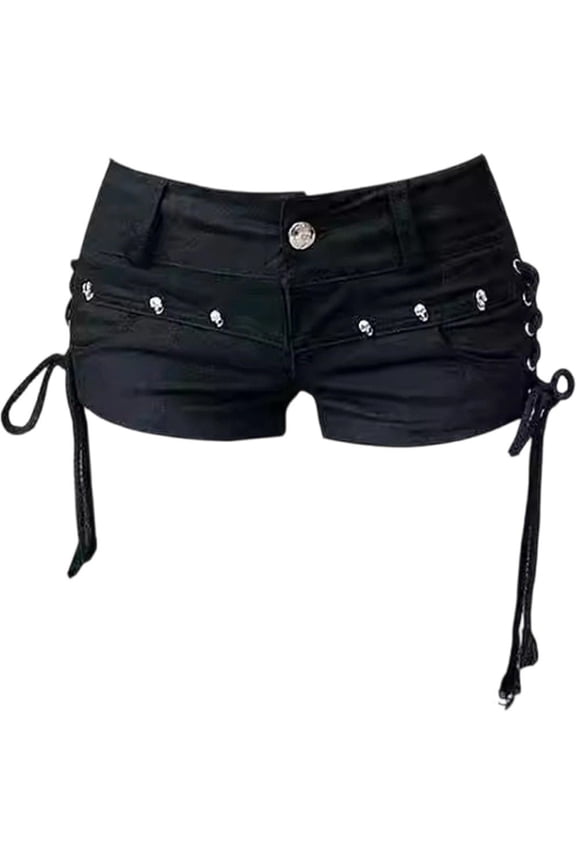 Women's Y2K Low Rise Denim Shorts, Gothic Rivet Mini Hot Pants with Side Straps
