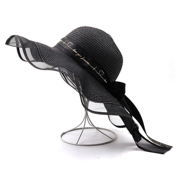Vjnyvs Womens Big Bowknot Straw Hat Double Layer Lace Beach Sun Hat UV UPF 50+Travel Foldable Roll up Sun Hat Wide Brim Beach Cap