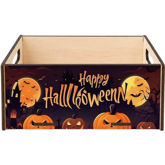 Vjnyvs Wood Halloween Ghost Pumpkin Storage Crate with Handle Decorative Trick or Treat Organizer Box 1-Piece