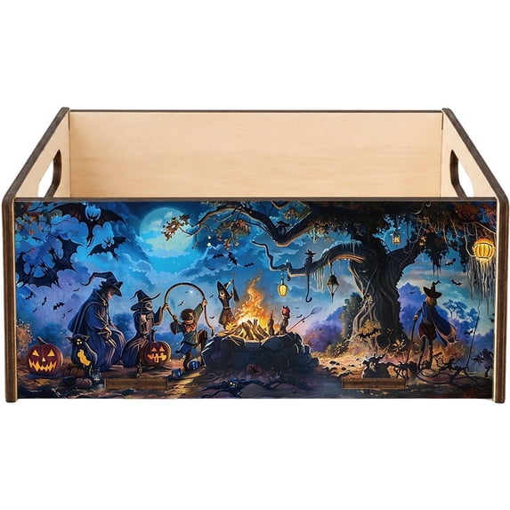 Vjnyvs Wood Halloween Moon Witch Storage Crate with Handle Decorative Trick or Treat Organizer Box 1-Piece