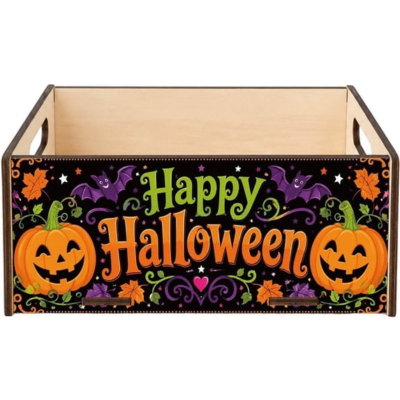 Vjnyvs Wood Halloween Pumpkin Vine Storage Box with Handle, Decorative Trick or Treat Wooden Organizer Box (1-Piece)