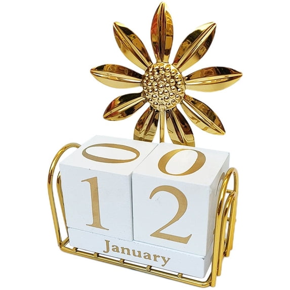 Vjnyvs Wooden Block Calendar for Desk, Desktop Perpetual Calendar, Modern Metal Sunflower Sculpture Month Date Display Blocks Desk Calendar for Home Office Decor