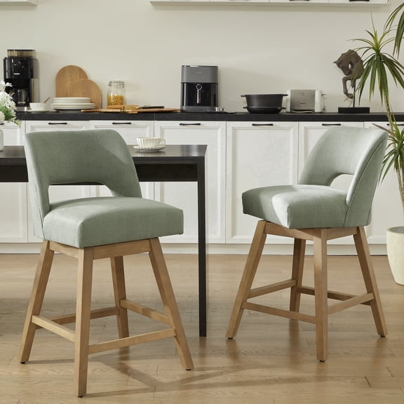 Vknow Furniture 27" 360° Swivel Counter Height Bar Stools Set of 2, Upholstered with Backrest and Sturdy Rubberwood Legs for Kitchen Island, Breakfast Bar,Green